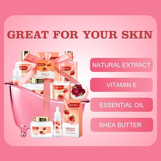 Spa Kit for Women, Bath & Body Gift Set, Luxury Home Spa Bath Gift Basket, Strawberry Scented Bath Set Christmas Gifts for Women, Pamper Gifts for Girls & Teens, Birthday Gift, Bath Self Care Gift