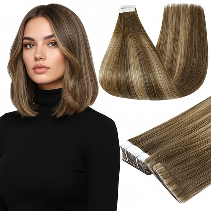 Full Shine Invisible Tape in Hair Extensions Human Hair 14 Inch Seamless 4/24/4 Brown Fading to Blonde and Brown Balayage 40G Remy Silky Hair Extension Straight Skin Weft 20Pcs Add Volume