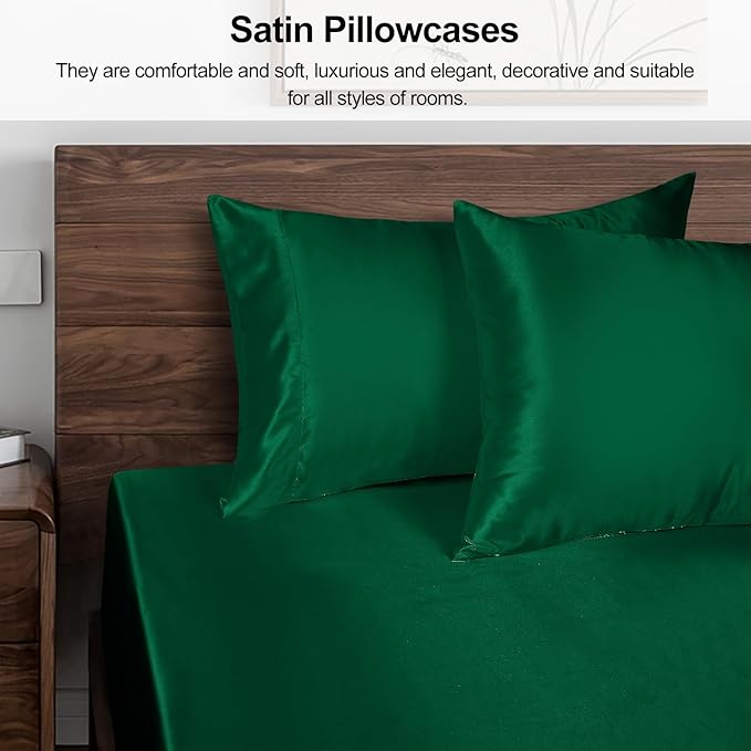 Lirex Satin Pillowcase for Hair and Skin, Super Soft and Cooling Similar to Silk, 2 Pack Standard Size 20"X 26" Pillow Cases with Envelope Closure, Gifts for Women Men, Green