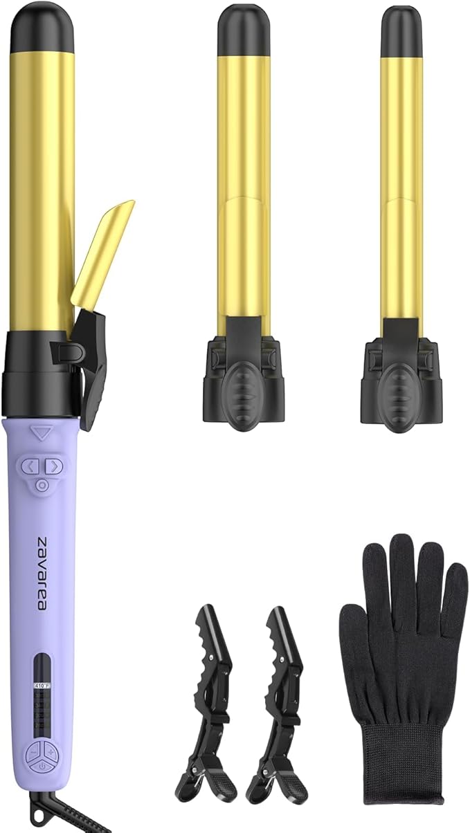 Rotating Curling Iron 3 in 1 Set, Automatic Curling Wand with 3 Interchangeable Ceramic Barrels(0.75" - 1.25"), Instant Heating Hair Culer with 5 Adjustable Temp, Include Heat Resistant Glove & Clips