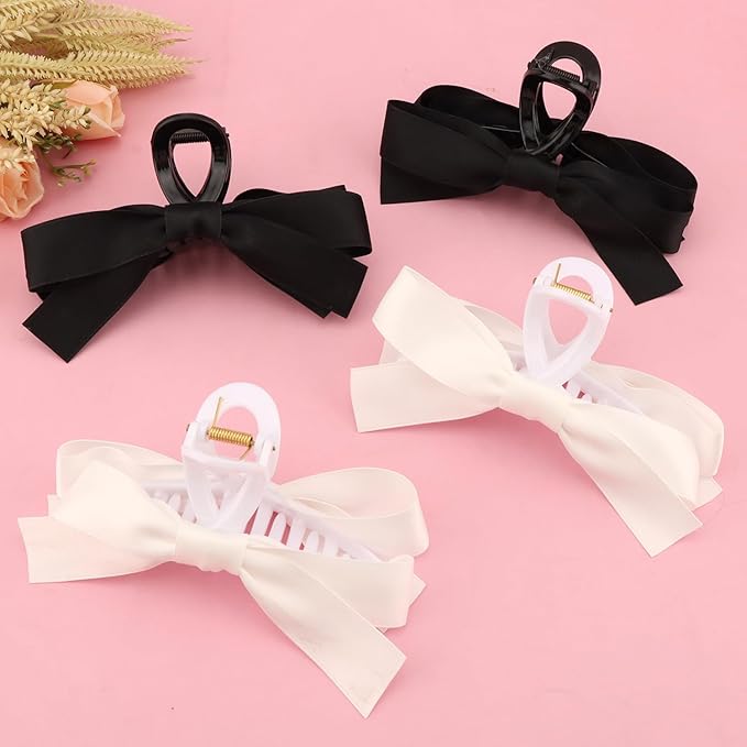SEVEN LUCKY LIGHT Bow Claw Clip,4 Pcs Hair Bows for Women,Satin Silk Fabric,Large Size Hair Claw Clips for Thick Hair