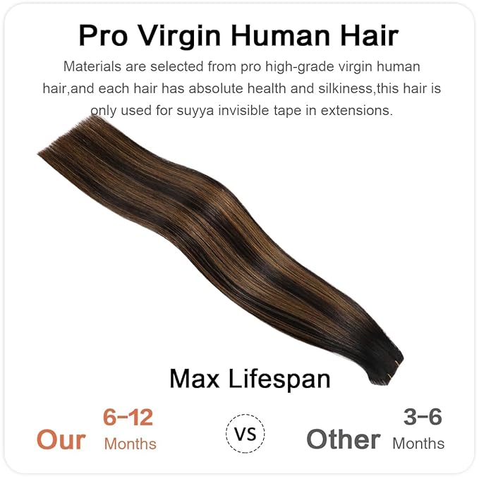 SUYYA Invisible Tape in Hair Extensions Human Hair Seamless Injected Hand-Tied Pro Virgin Human Hair Tape Ins Balayage Natural Black to Chestnut Brown 20PCS 50G/Pack Straight(22 inch #P1B/6/T1B)