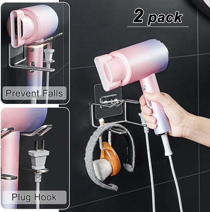 2 Pack Hair Dryer Holder, Wall Mount Self Adhesive Waterproof Blow Dryer Rack Storage Organizer Hanger, Compatible with Dyson and Most Hair Blower Appliance, Brush, Curling Iron, Straightener