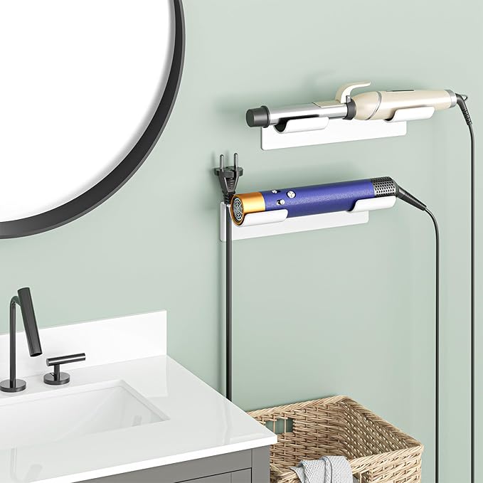 2 PCS Wall Mount Curling Iron Holder and Hair Tool Organizer with Adhesive, Multifunctional Hot Flat Iron and Hair Straightener Holder Storage Stand for Vanity, Cabinet and Wall, White
