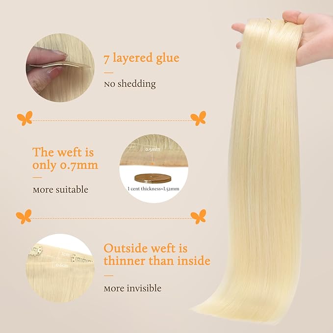 DOORES Seamless Clip-in Hair Extensions, Real Human Hair, Bleach Blonde 130g 7pcs 16 Inch, Straight, Invisi Edge