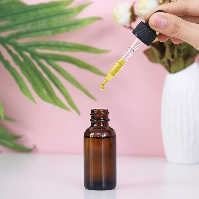 1 oz Dropper Bottle 48 Pack Amber Glass Boston Bottles 30ml with Eye Droppers Black Caps for Essential Oils, Perfume, Leak Proof Travel Bottles for Liquids