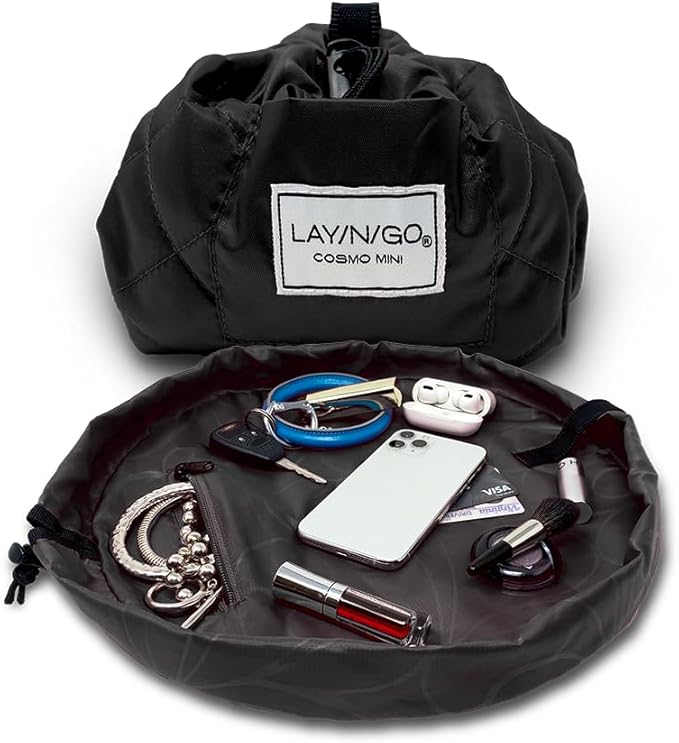 Lay-n-Go Cosmo Layflat Drawstring Cosmetic & Makeup Bag Organizer w/Zipper Pocket, Brush Loops & More, Cinch to Close, Lay Flat to Use, Durable, Machine Wash, Travel Toiletry Bag (16", Black)