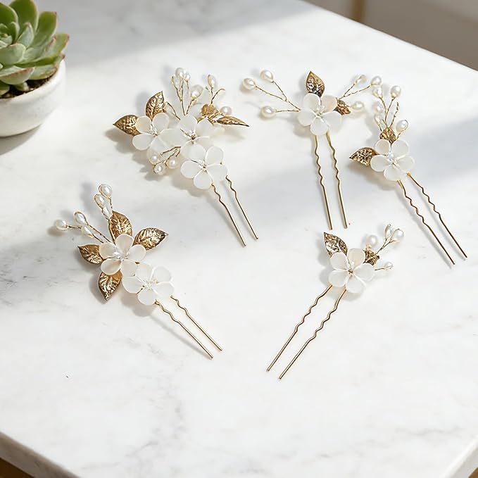 15Pcs Pearl Wedding Hair Pins Set, Floral Bridal Hair Clips with Gold Leaves, Vintage Hair Jewelry for Women Bridesmaids Flower Girls Wedding Hairstyles Accessories (Gold)