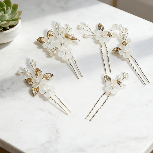 15Pcs Pearl Wedding Hair Pins Set, Floral Bridal Hair Clips with Gold Leaves, Vintage Hair Jewelry for Women Bridesmaids Flower Girls Wedding Hairstyles Accessories (Gold)