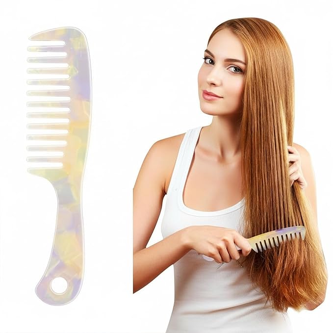 Large Wide Tooth Hair Comb 7.3 in, LADYAMZ [Tortoise Shell] Cellulose Acetate Round Tooth Comb for Straight/Curly Hair,Short/Long Hair Women Men or Kids, Easy Detangling Wet or Dry, Anti-static