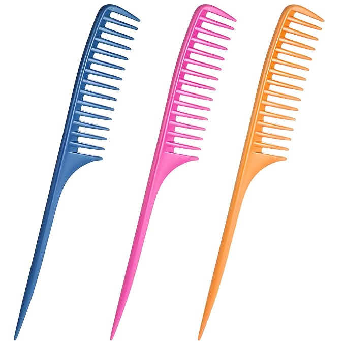 Wide Tooth Rat Tail Comb Set for Sectioning Styling Heat Resistant and Anti-Static Hair Detangling Combs for All Hair Types 3 Pcs (Blue + Pink + Yellow)