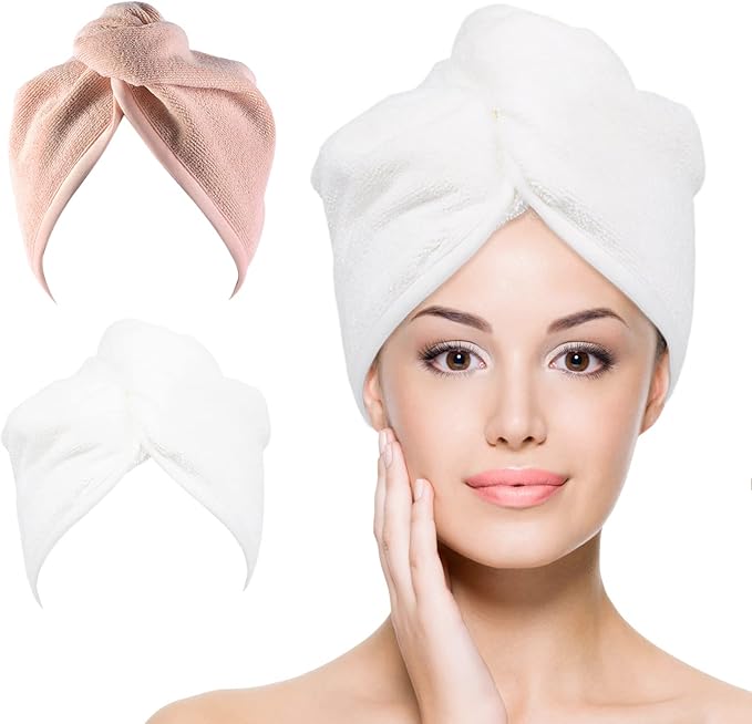 Microfiber Hair Towel Hair Wrap: 2 Pack 10X26 Hair Dryer Towels for Women Absorbent Turban Twist Hair Drying Shower Cap Curly Hair Products for Hair Care Hair Accessories (10 2-Pcs White Beige)