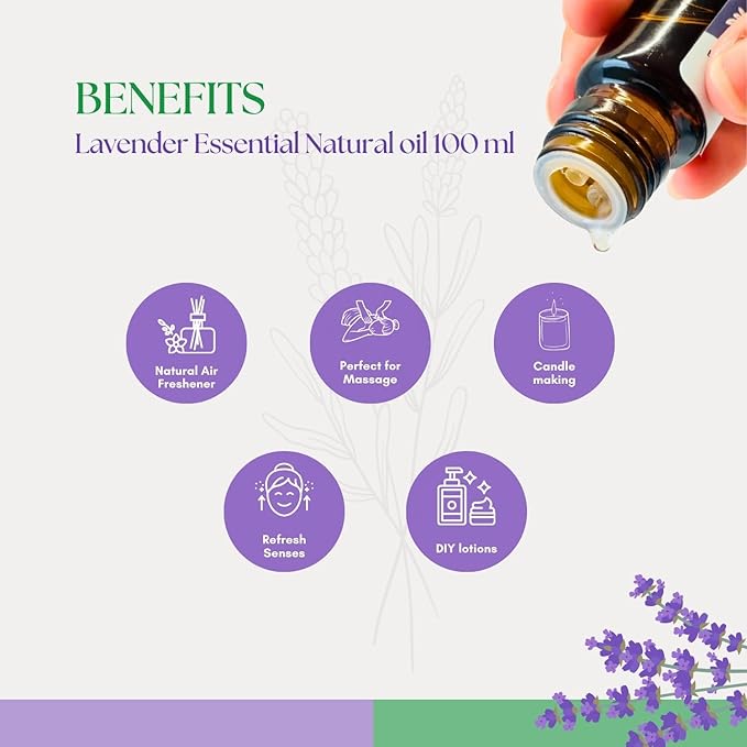 Roots & Above 100ml Pure Lavender Essential Oil – 99% Natural for Candle Making, Soap Making, Diffusers, Humidifiers, Massage, Skin & Hair Care