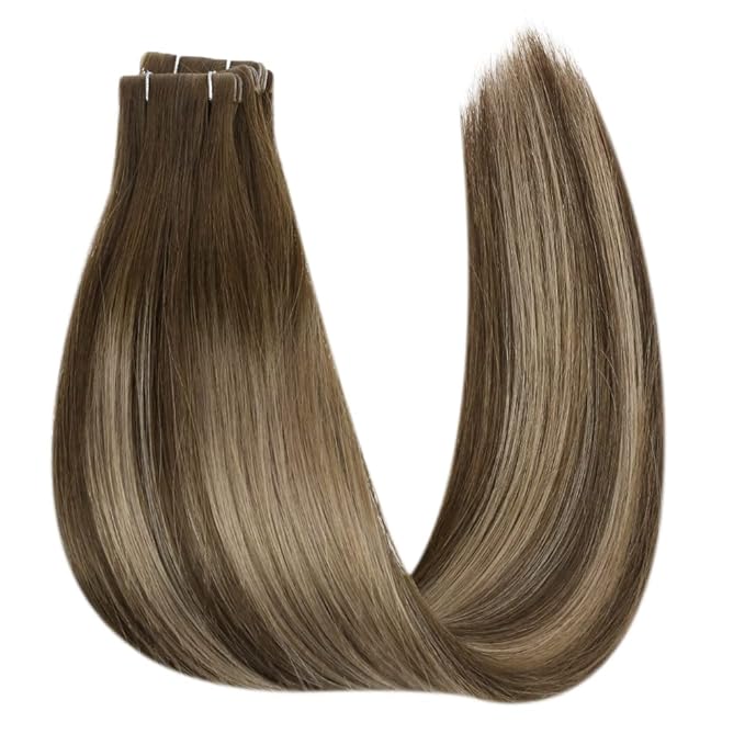 Full Shine Injection Tape in Hair Extensions 5Pcs 20 Inch Seamless Skin Weft Tape in Extensions Color 4 Brown Fading to 27 Blonde And 4 Brown Virgin Hair Extensions Real Remy Human Hair 12.5 Gram