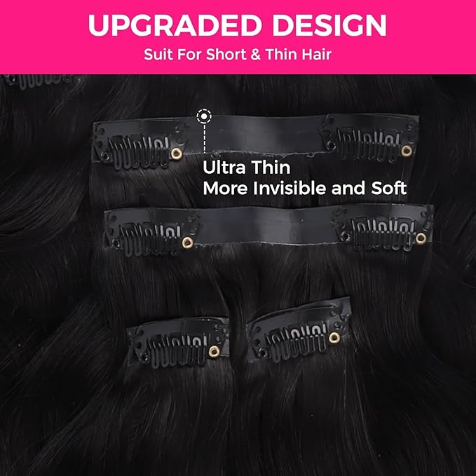 Lashey Seamless Clip in Hair Extensions Human Hair #1 Jet Black Body Wave 7pcs 110g 16 Inch Invisible PU Weft Clip in Hair Extensions for Women