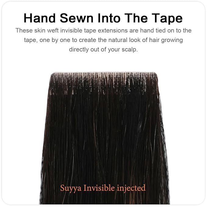 SUYYA Invisible Tape in Hair Extensions Human Hair Seamless Injected Hand-Tied Pro Virgin Human Hair Tape Ins Balayage Natural Black to Chestnut Brown 20PCS 40G/Pack Straight(16 inch #P1B/6/T1B)