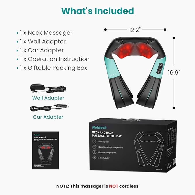 Nekteck Shiatsu Neck and Back Massager with Soothing Heat, Electric Deep Tissue 3D Kneading Massage Pillow for Shoulder Leg Full Body Muscle Pain Relief, Car Office and Home Use