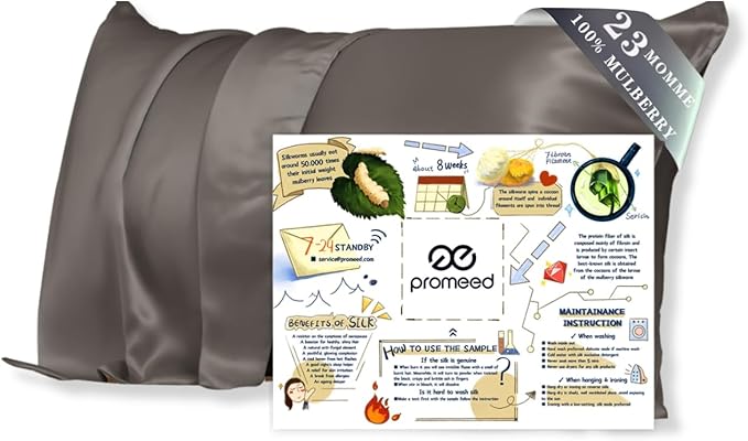 PROMEED Grey Silk Pillowcase Standard Size - Both Sides 23 Momme Grade 6A+Mulberry Silk Pillow Case Covers for Hair and Skin, Soft and Acne Free (Standard 20"x26", Grey)