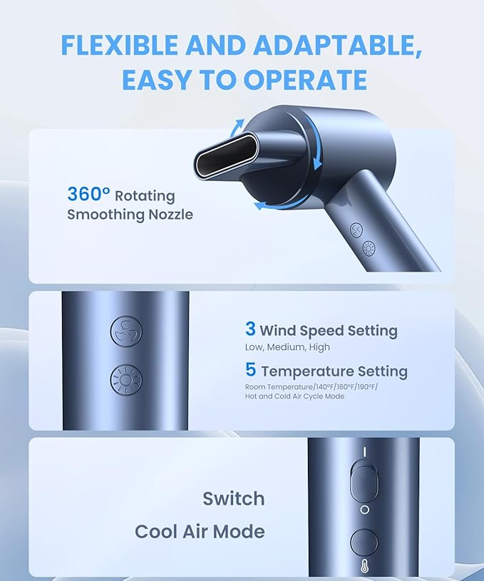Hair Dryer, Ionic Blow Dryer, Professional High-Speed Hairdryer with 150,000 RPM Motor for Fast Drying, 5 Temps/3 Speeds Lightweight Hairdryer with Magnetic Nozzle for Home Travel Women Man