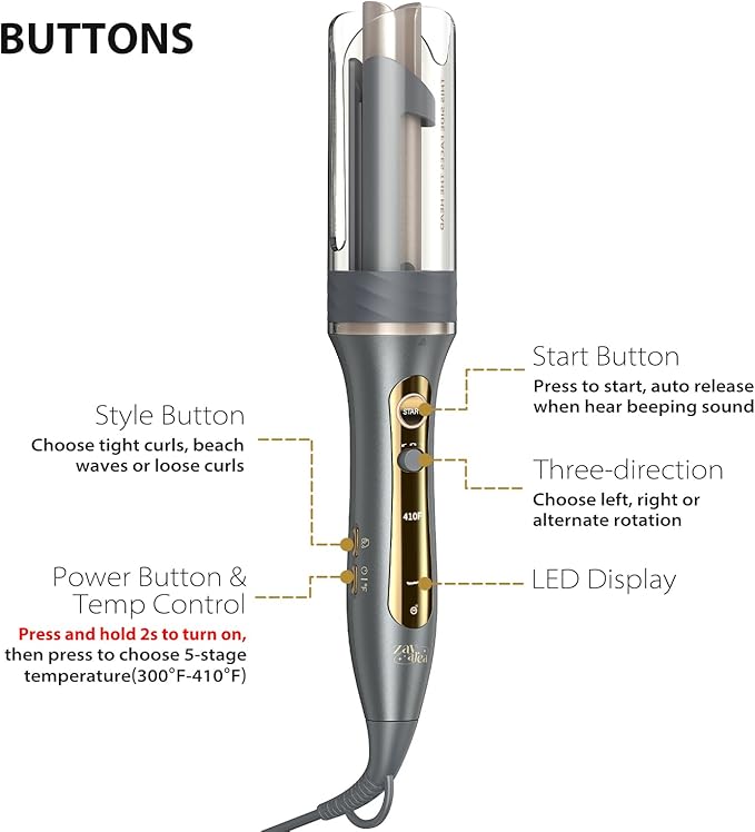 Zavarea Automatic Rotating Curling Iron for Long Hair - 1 Inch Curling Wand for Beach Waves & Loose Curls, Easy Hair Curler for Beginners, Anti-Scald & Frizz-Free, Dual Voltage for Travel
