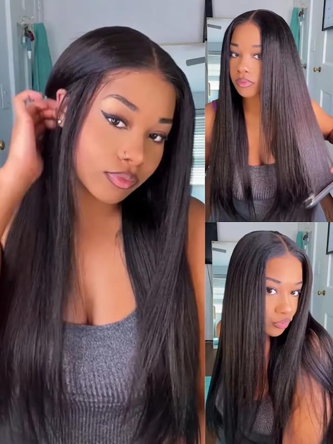 Julia Hair Yaki Straight Pre Cut HD Lace Closure Wigs Human Hair with Elastic Drawstring Glueless Wig Human Hair 7x5 Lace Front Bye Bye Knots Wig Pre Plucked Bleached Knots Natural Hairline 24 Inch