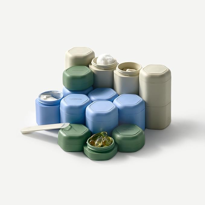 Cadence Travel Containers - Daily Routine Capsule Set - Magnetic Containers with Lids,4 Flex Mediums (1.32oz) & 3 Flex Smalls (0.56oz) - Shampoo, Conditioner, Body Wash, Pills, & More - Sand