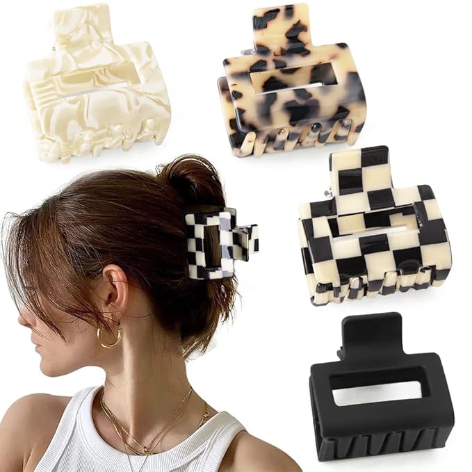 Checkered Tortoise Hair Clips for Women - 4Pcs 2" Small Acetate Claw Barrettes for Thick & Thin Hair