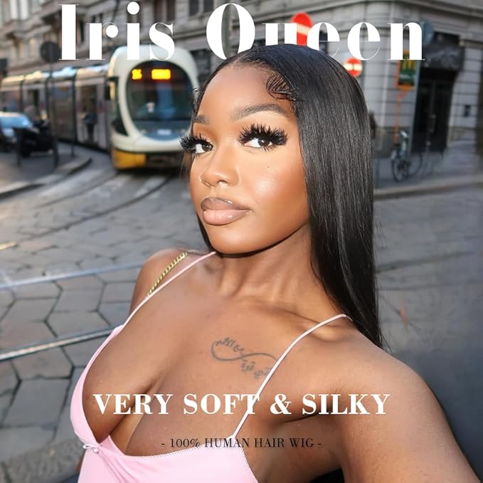 Iris Queen 13x4 HD Straight Lace Front Wigs Human Hair Pre Plucked 12A 180 Density Brazilian Transparent Lace Frontal Wig for Black Women with Baby Hair Natural Black Color (20 inch)