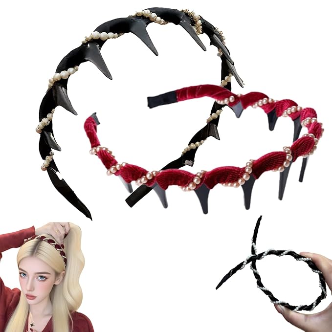 Vintage High Cranium Artificial Pearl Hairband, New Elegant Braided Pearls Headbands with Teeth for Women, Anti-slip Decorative Hair Bands Fashion Hair Accessories Gifts (Black+Burgundy, One Size)