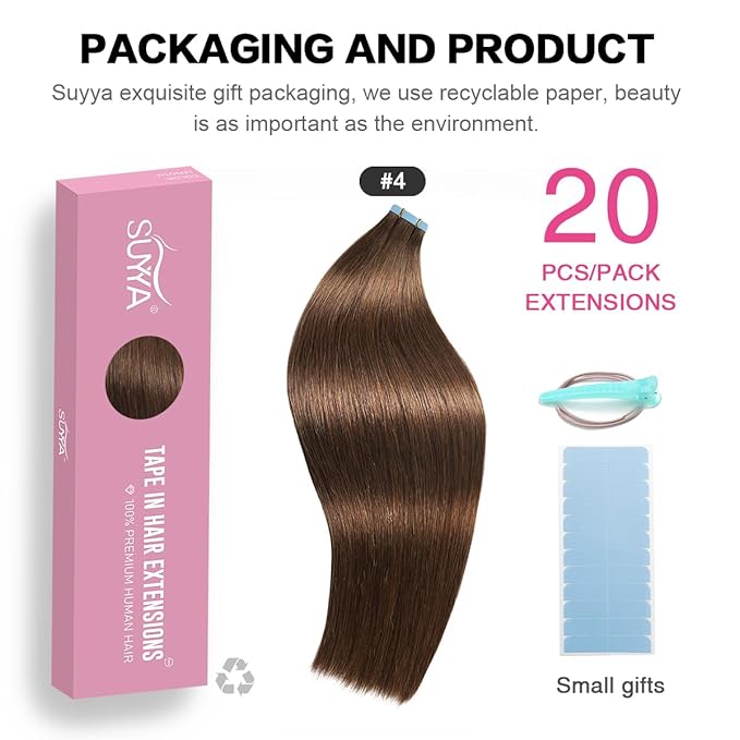 SUYYA Tape in Hair Extensions Remy Human Hair Chocolate Brown Color 14 inches 40g 20pcs Straight Seamless Skin Weft Tape in Human Hair Extensions(14 inches #4 Dark Brown)