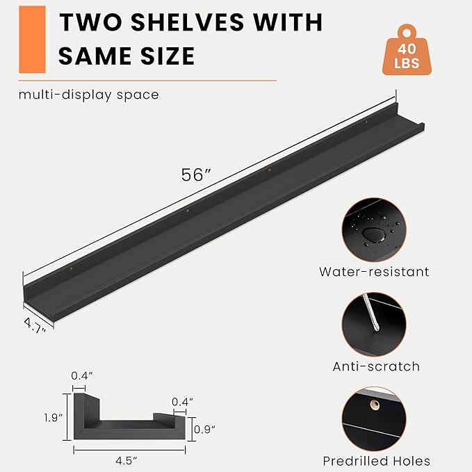 Heimlove Picture Ledge Shelf, Floating Shelves Set of 2, 56 Inches Picture Shelf for Wall with Ledge, Kids Bookshelf Wall Mounted for Living Room Bedroom Decor Books Photo Frames, Black