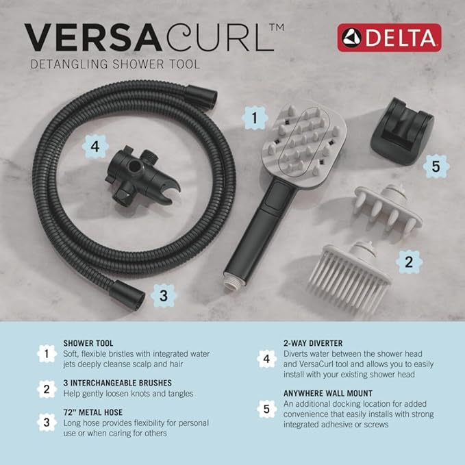 Delta VersaCurl Detangling Handheld Shower Head Tool for Curly Hair with 3 Curl Defining Brush Inserts Included, Detangler Brush Hand Shower with Hose, Matte Black 74B430BL