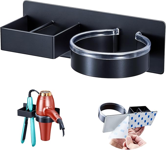 Blow Dryer Holder Wall Mounted, Hair Straightener Holder, Hair Dryer Holder Adhesive, Hair Tool Organizer for Flat Iron, Hairdryer, Curling Iron Holder for Bathroom Vanity Barber Shop (Black)