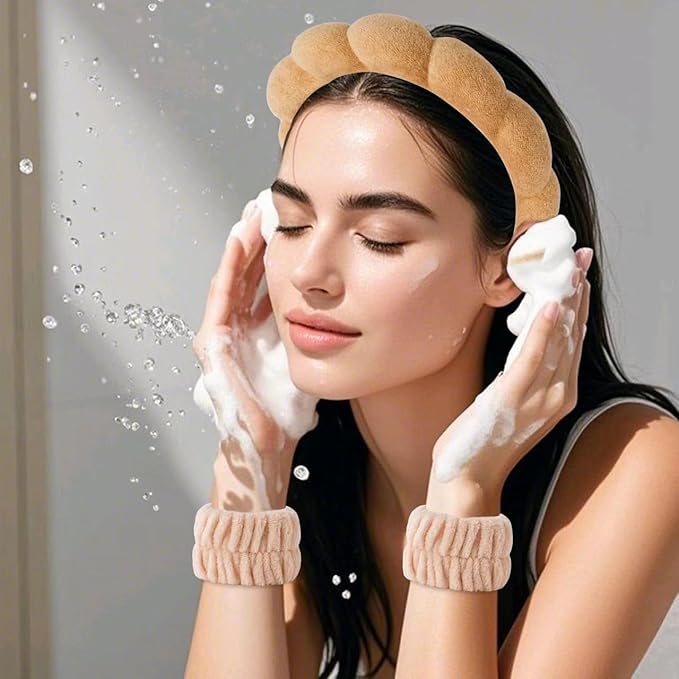 2Pcs Spa Headband for Washing Face & 1 Pairs Wristband Set Sponge Makeup Skincare Headband &Terry Cloth Bubble Soft Hairband for Women Girl Puffy Padded Headwear Non Slip Thick Hair Accessory (brown)