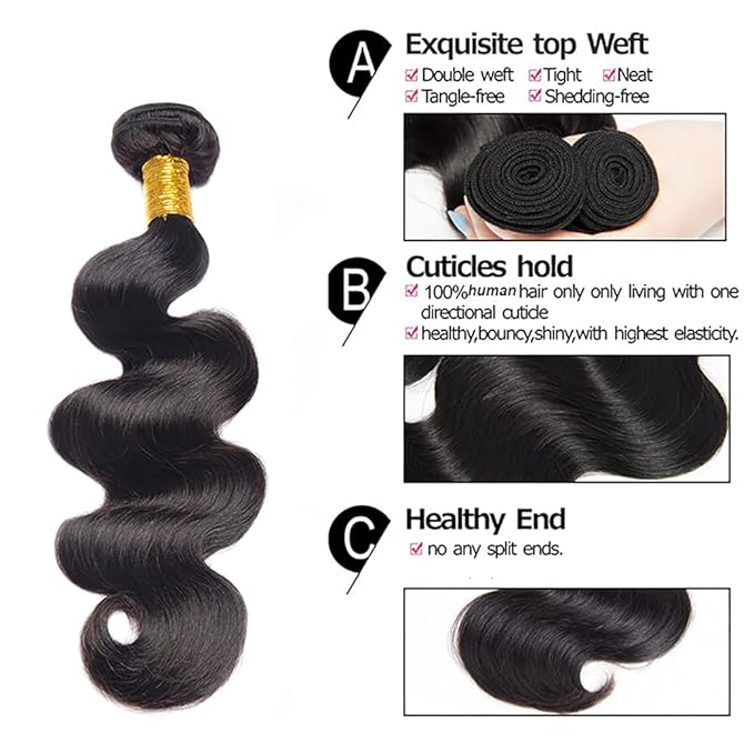 Natural Black Body Wave Human Hair Bundles Niegmeag Unprocessed Brazilian Virgin Remy Hair 3 Bundles 28 30 32 Inch Double Weft Soft and Silky Color 1B Body Wave Bundle Hair Weave