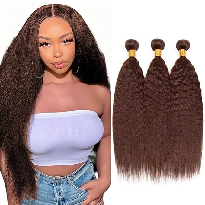 Brown Kinky Straight Bundles Color 4 Human Hair Bundle Brazilian Virgin Remy Hair 3 Bundles 18 20 22 Inch Niegmeag Double Weft Soft and Silky Color 4 Yaki Straight Bundle Hair Weave 300g