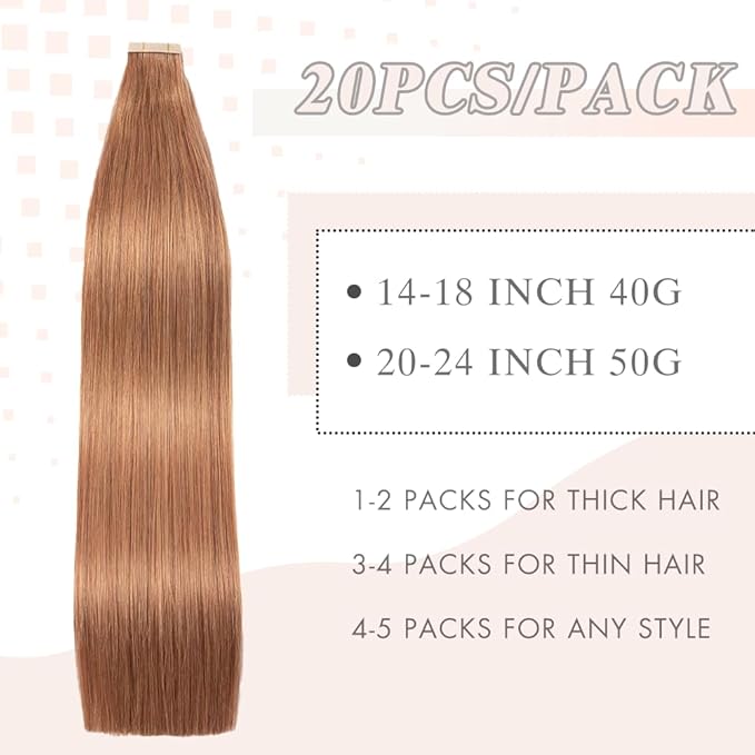 Light Brown Tape in Hair Extensions Human Hair, 20pcs 16 Inch Remy Hair Extensions Straight Human Hair Tape in Extensions Skin Weft Tape Extensions Human Hair (30#,16 Inch)