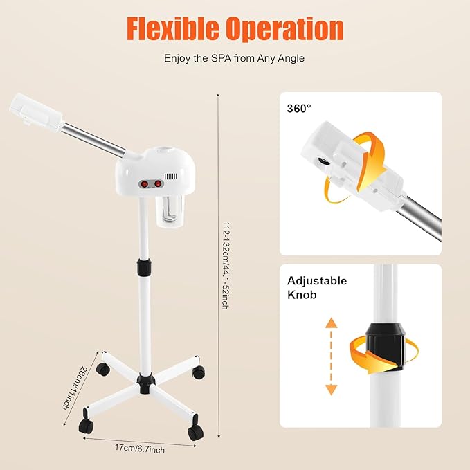 Professional Facial Steamer, 800W White Skin Care Equipment w/Wheels, 750ml Large Capacity Face Steamer Machine for Beauty Salon, Adjustable Height Hot Mist Steamer for Oily Dry Neutral Skin