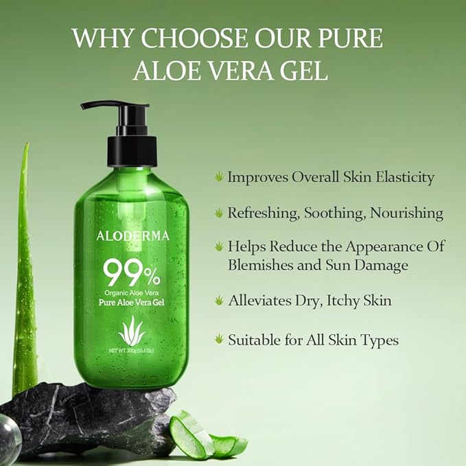 Aloderma 99% Organic Aloe Vera Gel Made within 12 Hours of Harvest - Pump Bottle - Lightweight Aloe Gel for Face and Body, Soothing and Hydrating Sunburn Relief, Great for Scalp & Hair, 3btls x 10.6oz