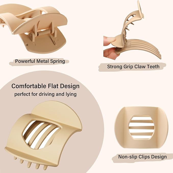 4 PCS Flat Claw Clips, Round Large Flat Hair Clips for Women,French Strong Hold Hair Barrettes for Thick Thin Hair(Matte)