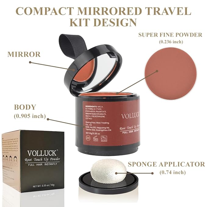 VOLLUCK Root Touch up Powder, Instant Hairline Powder for Thinning Areas and Gray Hair Coverage, Natural and Non-greasy Root Cover up for Women and Men (Red Brown, 0.35 Ounce)