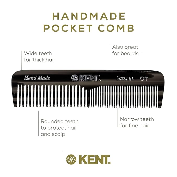 Kent OT Pocket Comb Black and Tortoise - Handmade Fine and Wide Tooth Hair Comb for Men, Women, and Kids - Travel, Beard, and Mustache Comb - Saw Cut and Hand Polished Made in England