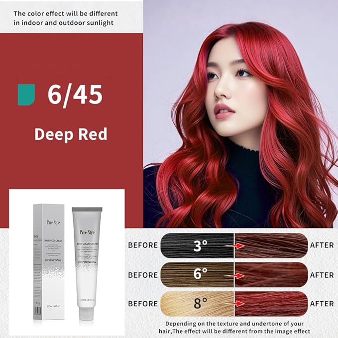 PureStyle 100ml Professional Permanent Hair Color Dye Cream Ammonia Free, Long Lasting Deep Red Color, 100% Gray Coverage, Natural Shine, For All Hair Types Easy At Home Application