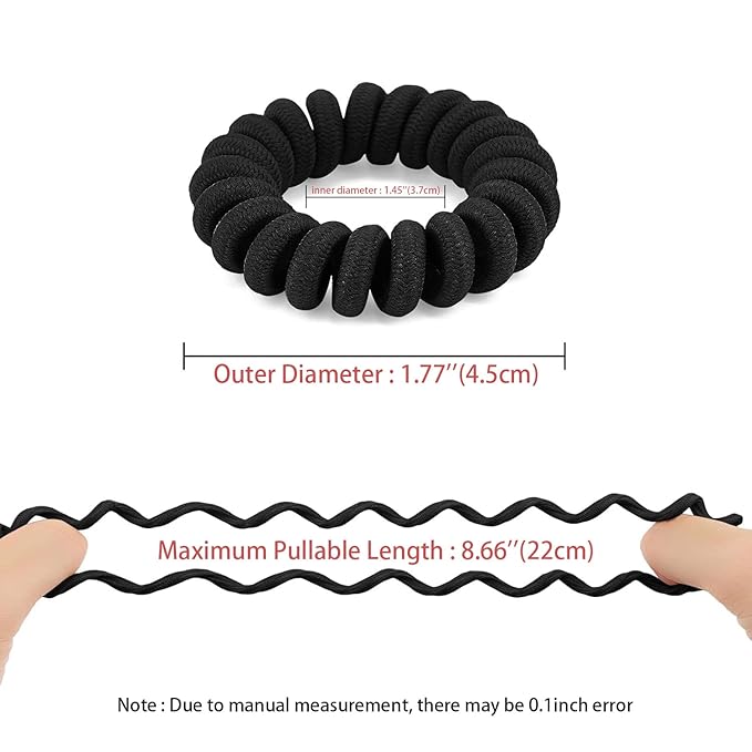 Spiral Black Cloth Hair Ties for Thick, Ponytail Holders (12 Pcs), No Crease Phone Cord Ties for All Hair Types