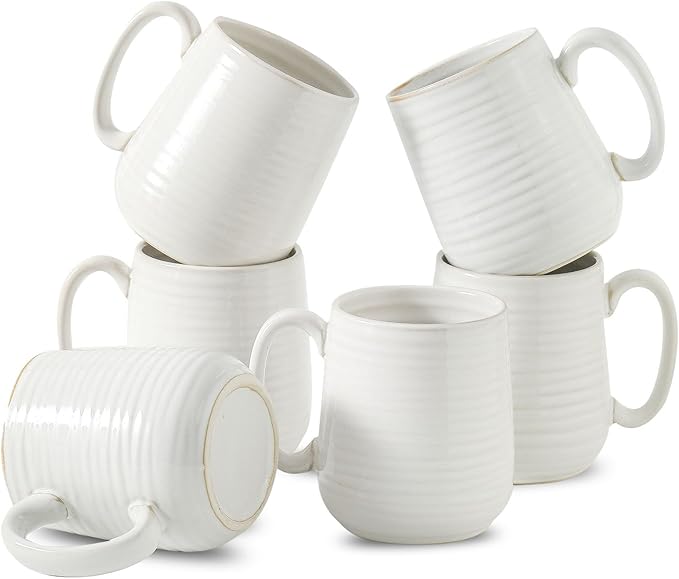 Hasense Coffee Mugs Set of 6, Ceramic Coffee Cups with Handle for Home Office, 12 Ounce Tea Cup for Coffee, Latte, Hot Cocoa, Dishwasher and Microwave Safe, Clay-Infused White