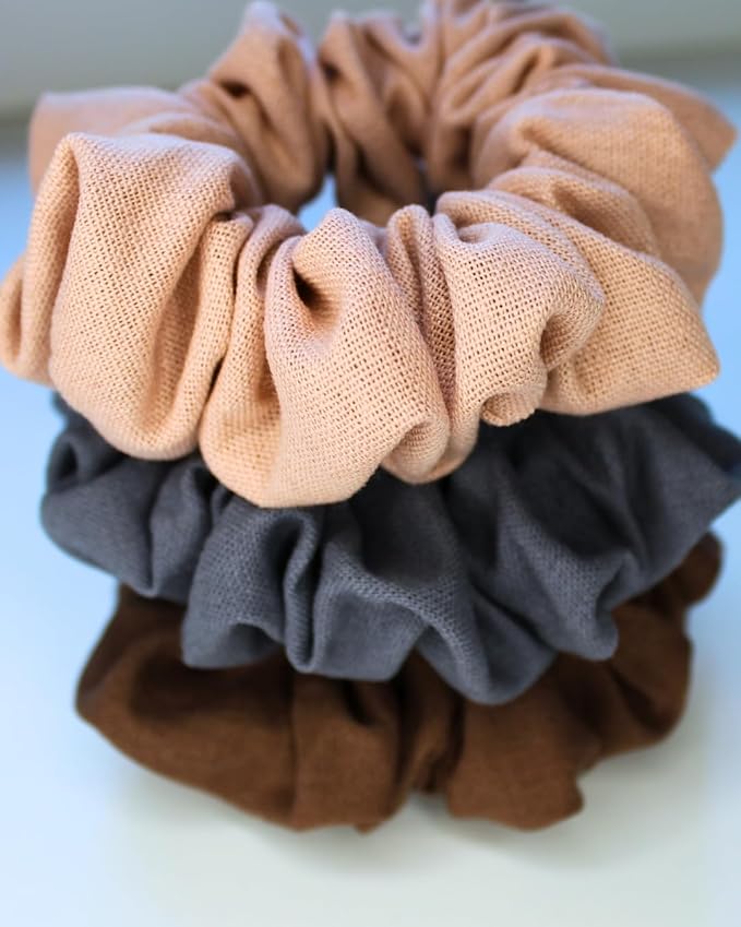 Handmade Linen Scrunchie Bundle for Women – Set of 3 Neutral Hair Ties – 100% Linen Fabric, Gentle on Hair, Woman Gift Set (Misty)