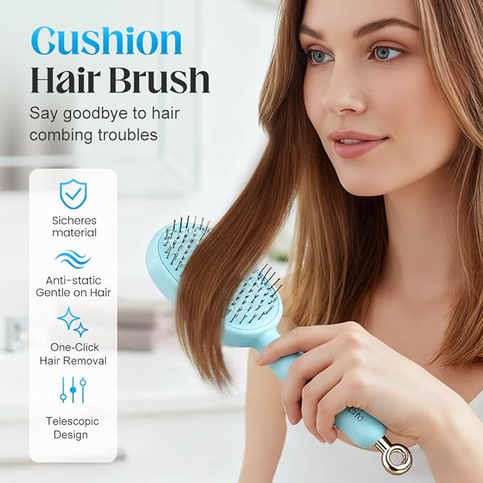Retractable Cushion Massage Comb, 2026 New Self Cleaning Hair Brush, Anti Static Self Cleaning Hair Brush for Women Men (Blue)