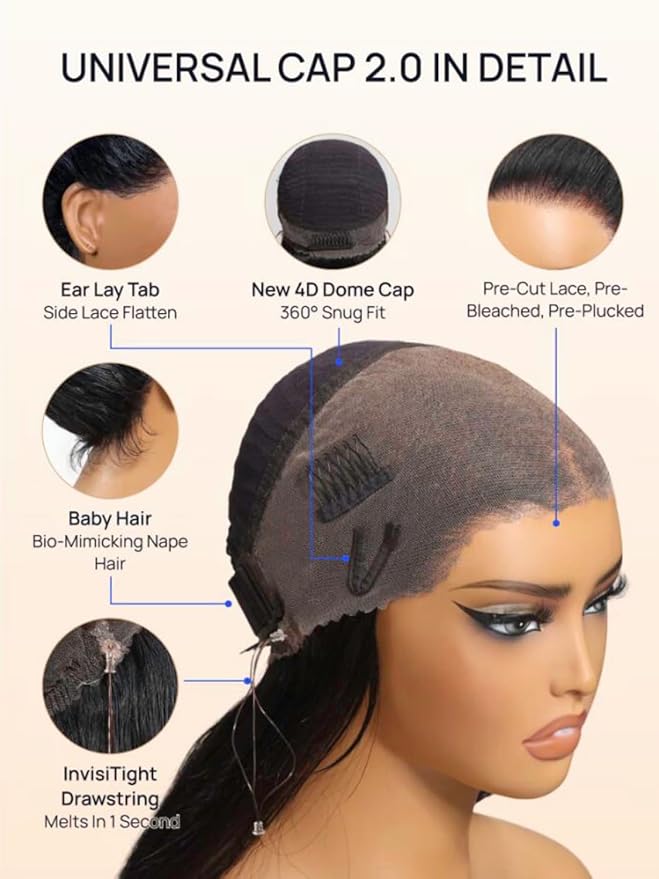 KLAIYI Water Wave Pre Cut 360 Full Lace Frontal Glueless Wig Human Hair Drawstring Pre Plucked Bleached Bye Bye Knots Pre Everything Ready to Wear And Go Curly Beginner Wig with Baby Hair 180% 22Inch