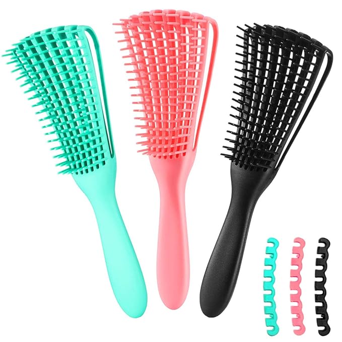 Detangling Brush for Afro American/African 3a to 4c Kinky, Wavy/Curly/Coily Hair - Scalp Massaging Comb for Thick/Long, Wet/Dry/Oily Hair (3 pcs, 3-Black)