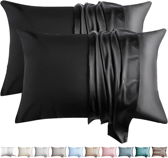 100% Silk Pillow Cases 2 Pack King Size Mulberry Silk Pillowcase for Hair and Skin Set of 2 Highest Grade 6A Silk Soft Breathable Cooling with Hidden Zipper, Black